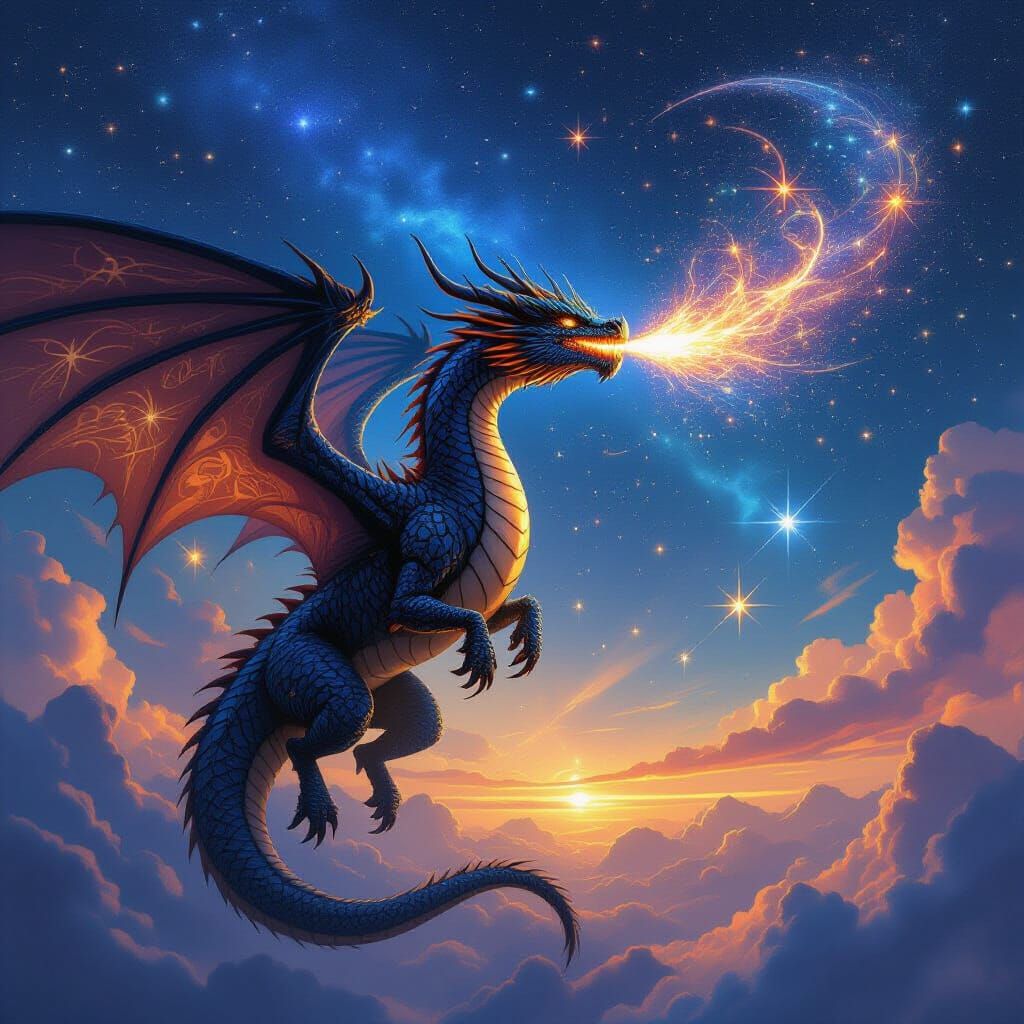 Majestic Obsidian Dragon in Cosmic Starfall Night