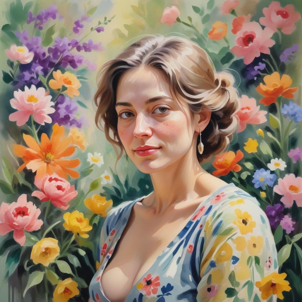 Relaxed Woman in Floral Gouache Painting