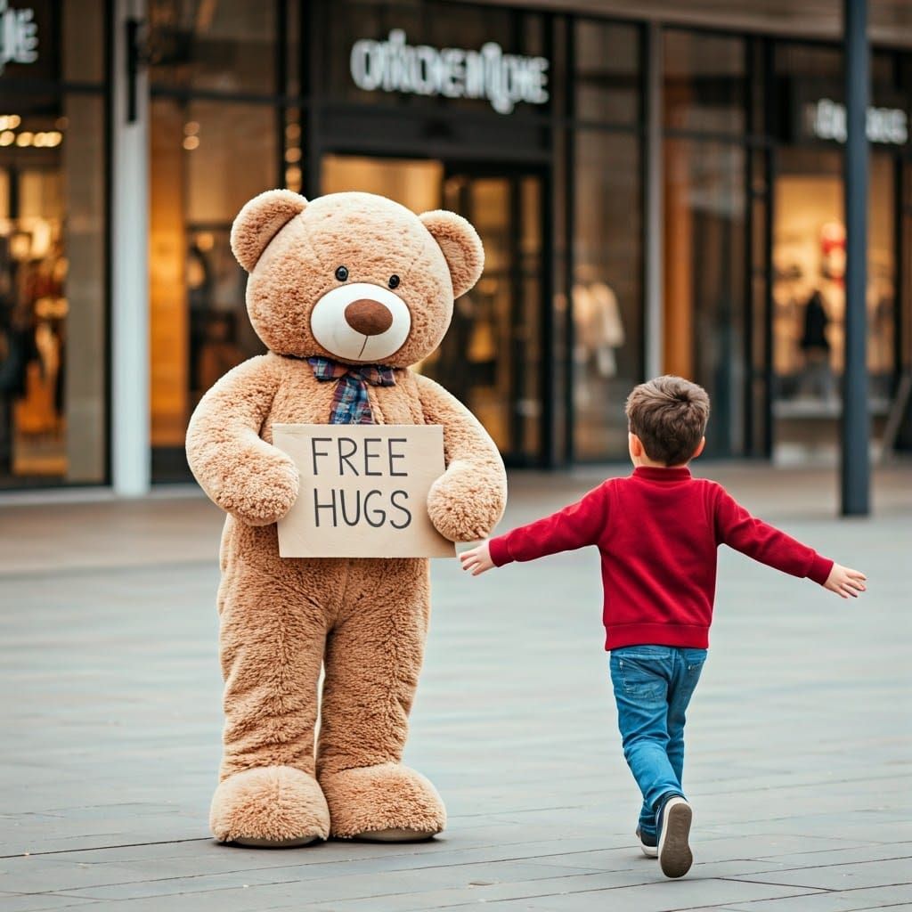Teddy Bear Offering Free Hugs at Shopping Center