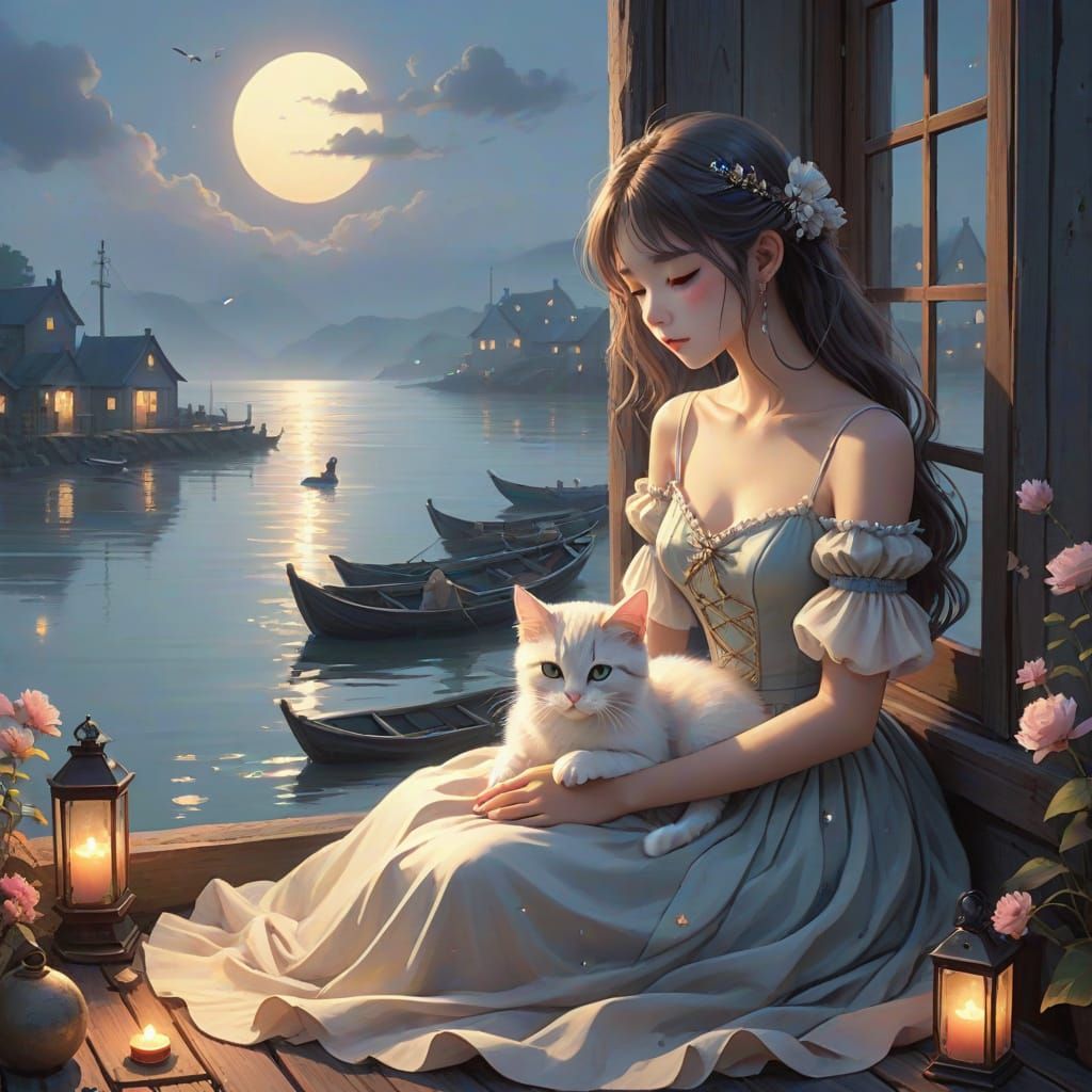 Dreamy Sunrise on Misty Beach with Kitten, in Anime Style