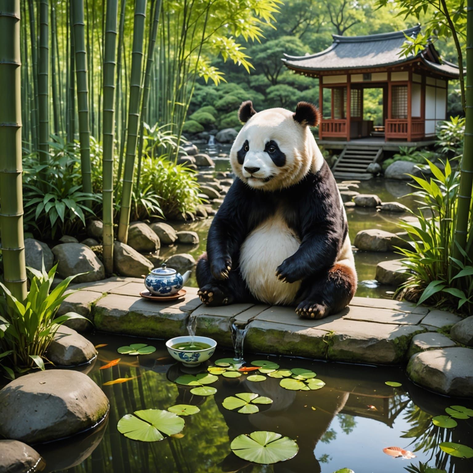 Japanese Tea House with Panda in Ukiyo-e Style