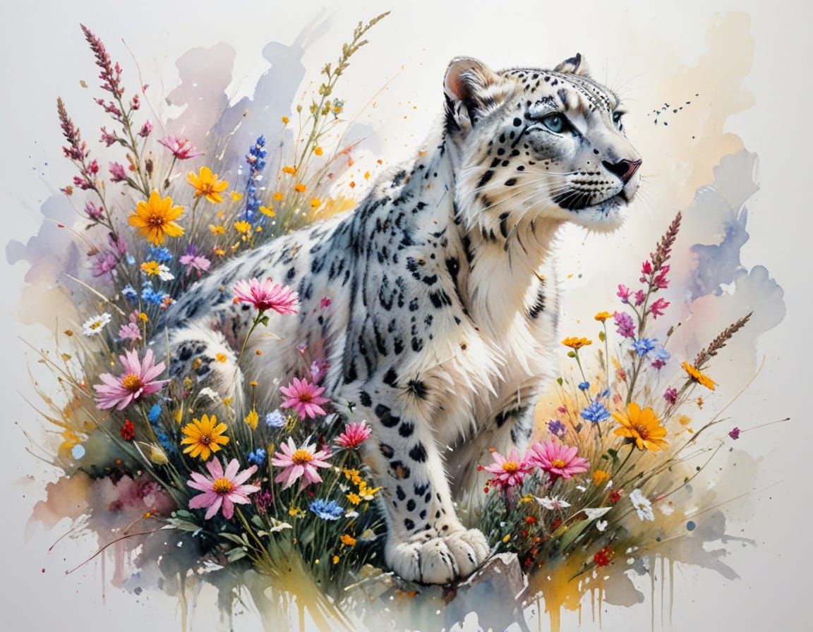 Playful Snow Leopard Amongst Wildflowers