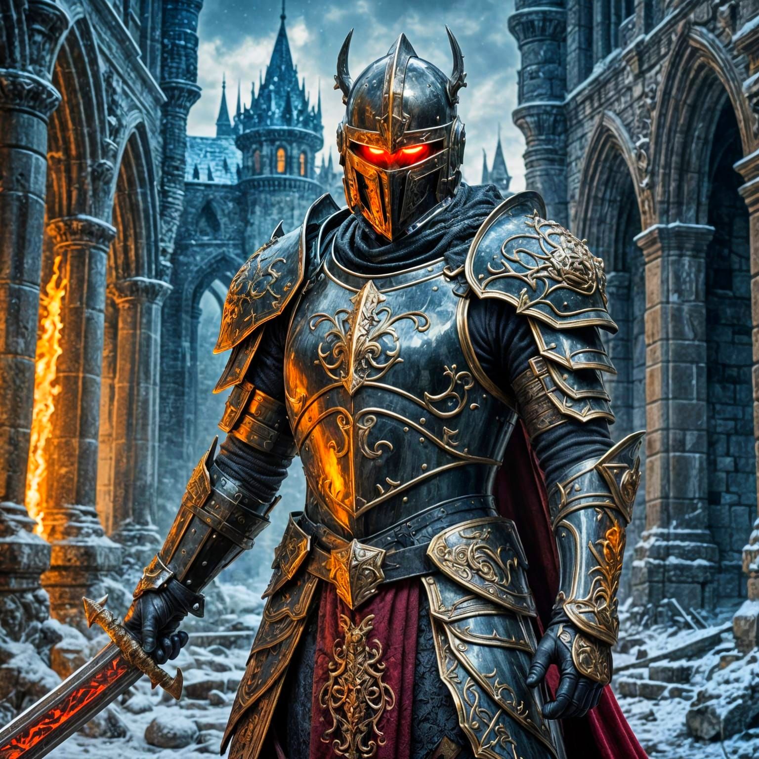 Ominous Knight with Sword in Frozen Ruins