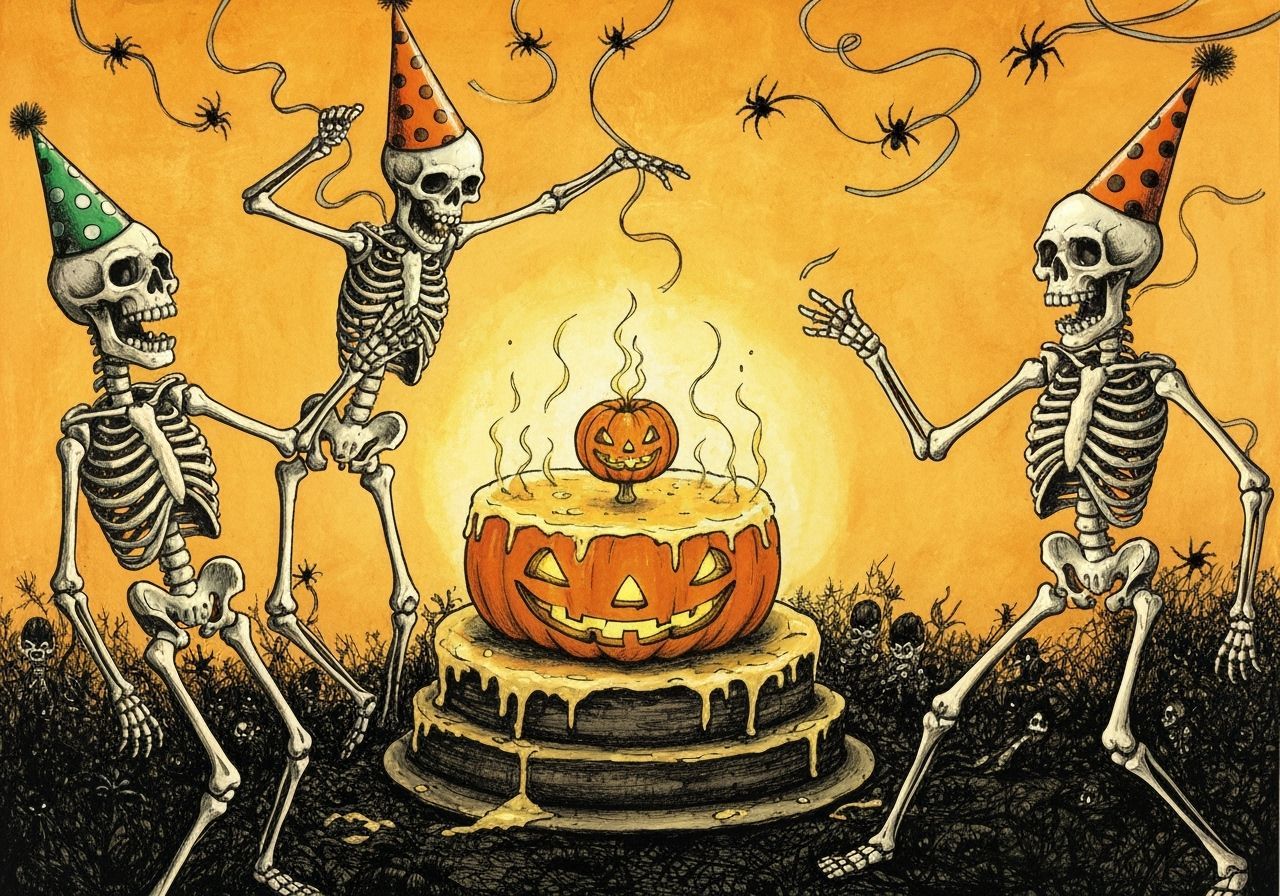 Playful Skeletons Dance Around Glowing Pumpkin Cake