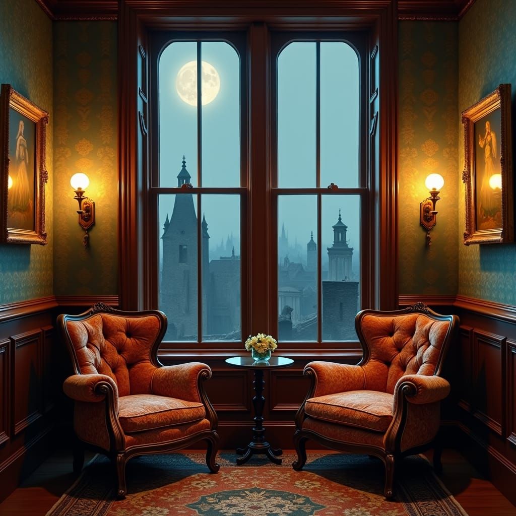Victorian Room with Moonlit London View