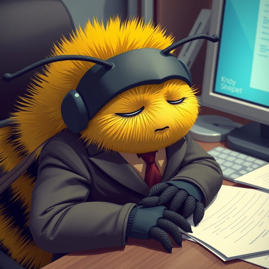 Bumblebee in Suit Sleeping at Office Desk