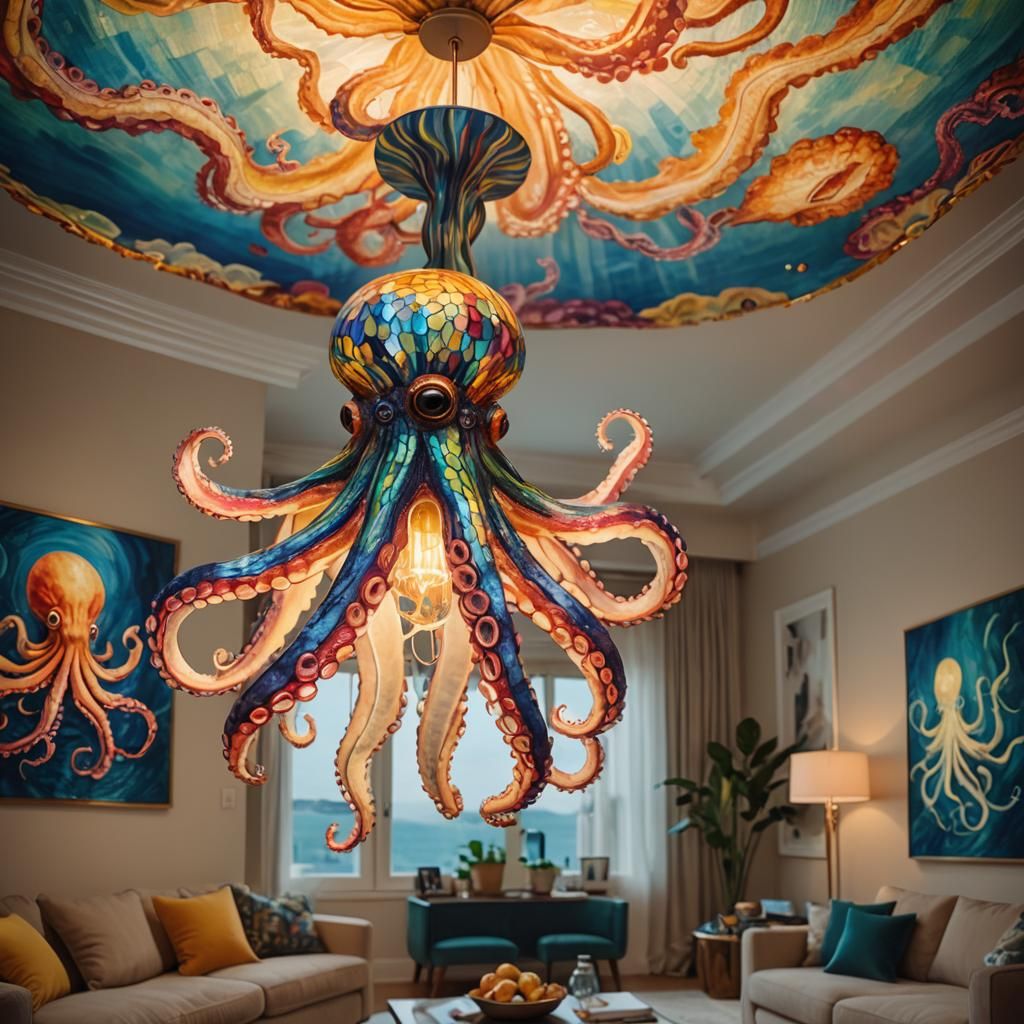 Iridescent Octopus Pendant Light in Fauvist Style