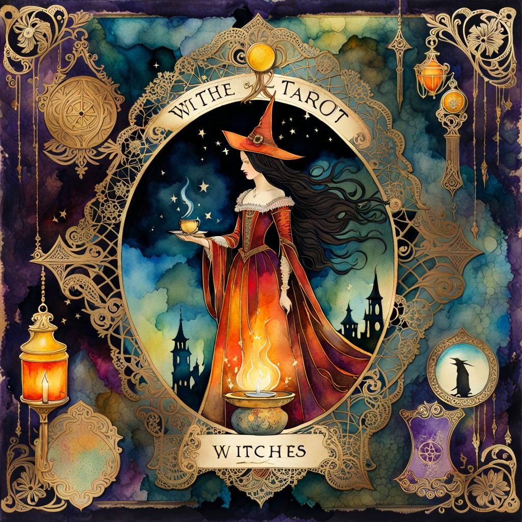 Victorian Witches Reading Tarot in Watercolor