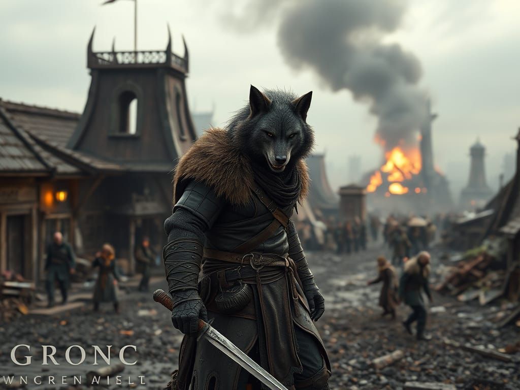 Werewolf Warrior in Ravaged Medieval Town