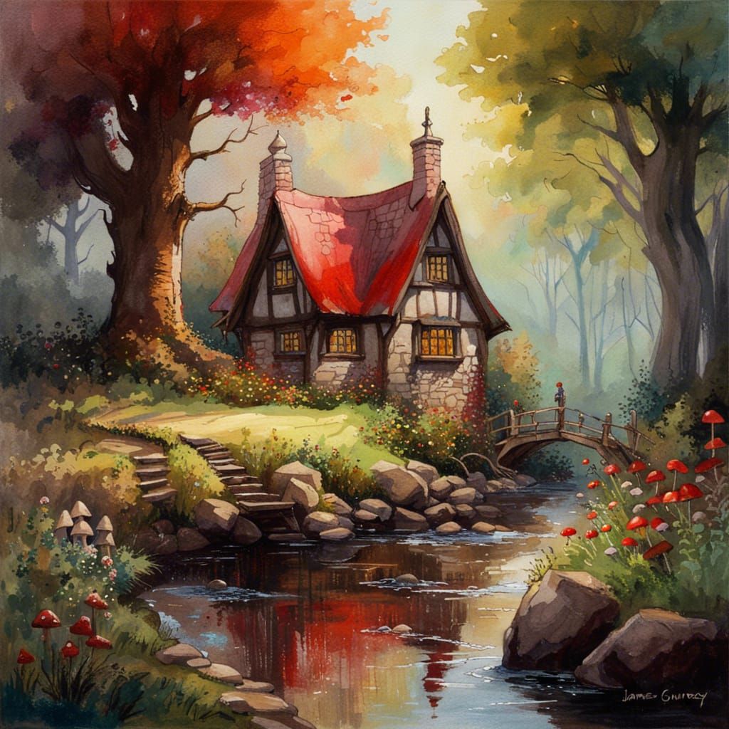 Fairytale Cottage and Dark Forest Watercolor