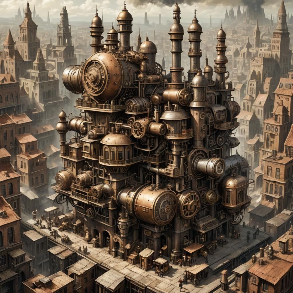 Steampunk Babel City Engine Illustration
