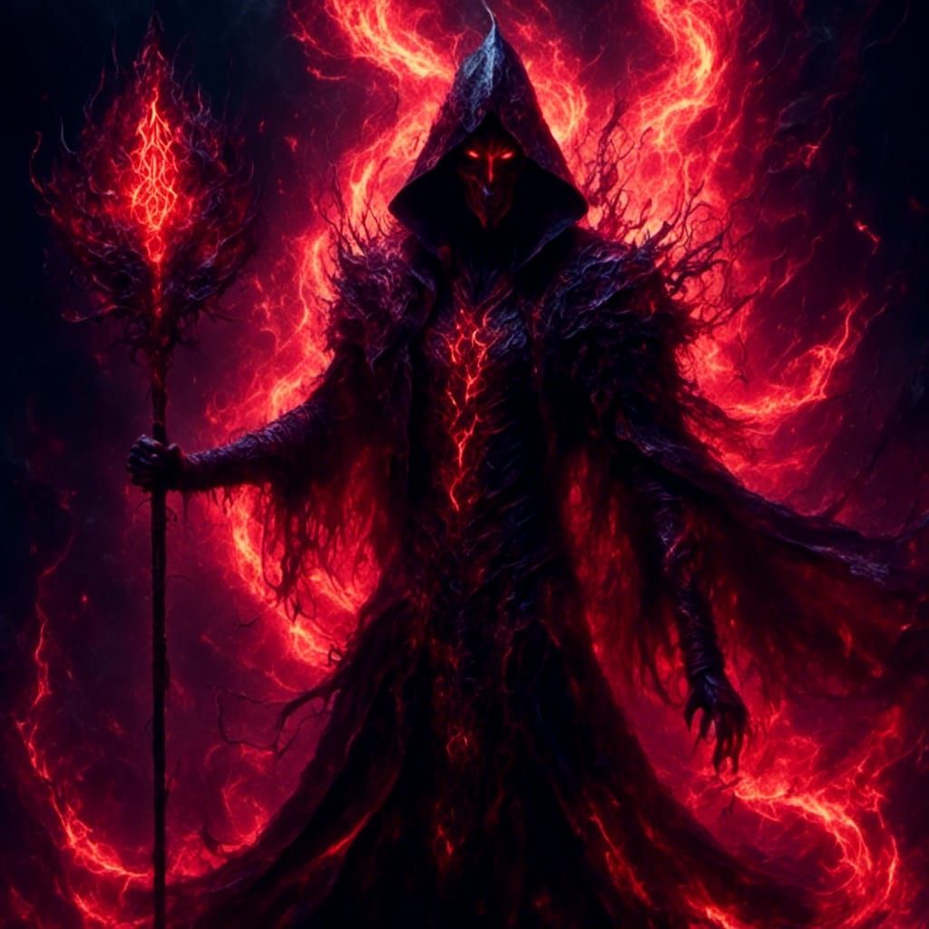 Evil Devil Wizard with Pitchfork and Glowing Runes