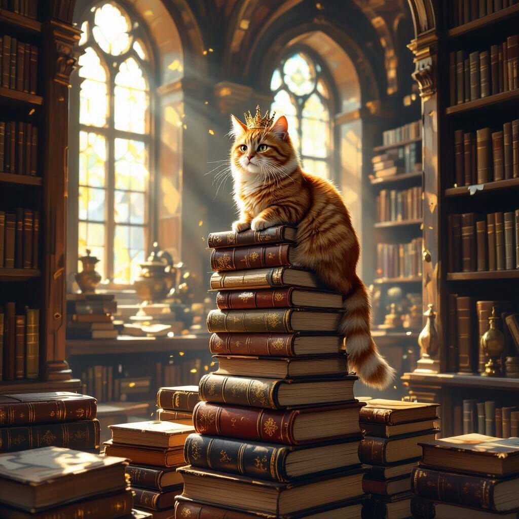 Crowned Ginger Cat in Library, Van Gogh Style