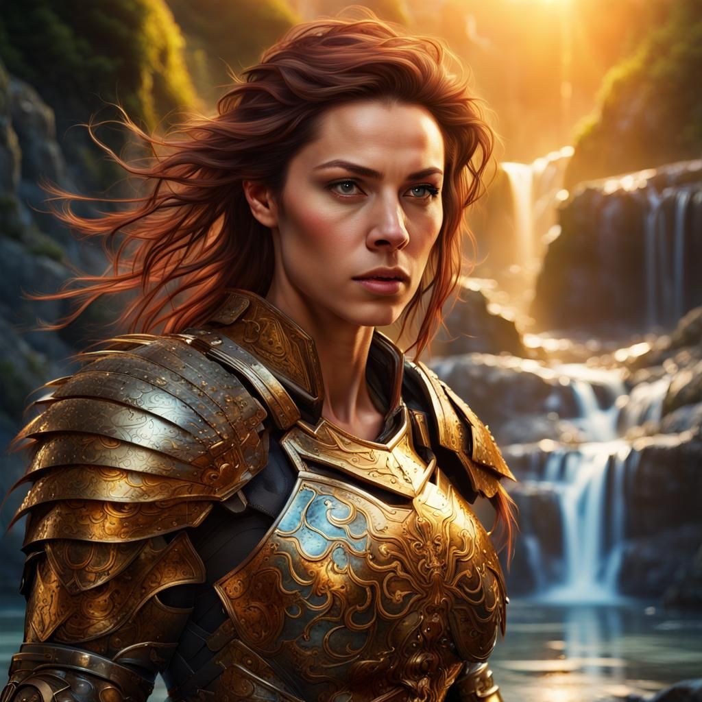 Armored Woman Before Waterfalls: Fantasy Concept Art