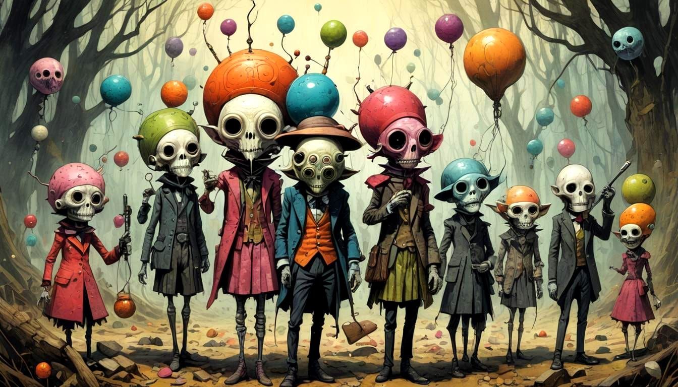 Eccentric Beings Target Shooting in Art Brut Style