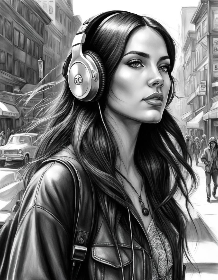 Neo-Hippy Girl on City Sidewalk in Graphite