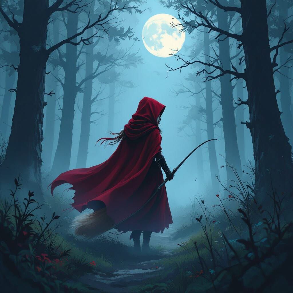 Crimson Vixen Hunter in Moonlit Forest