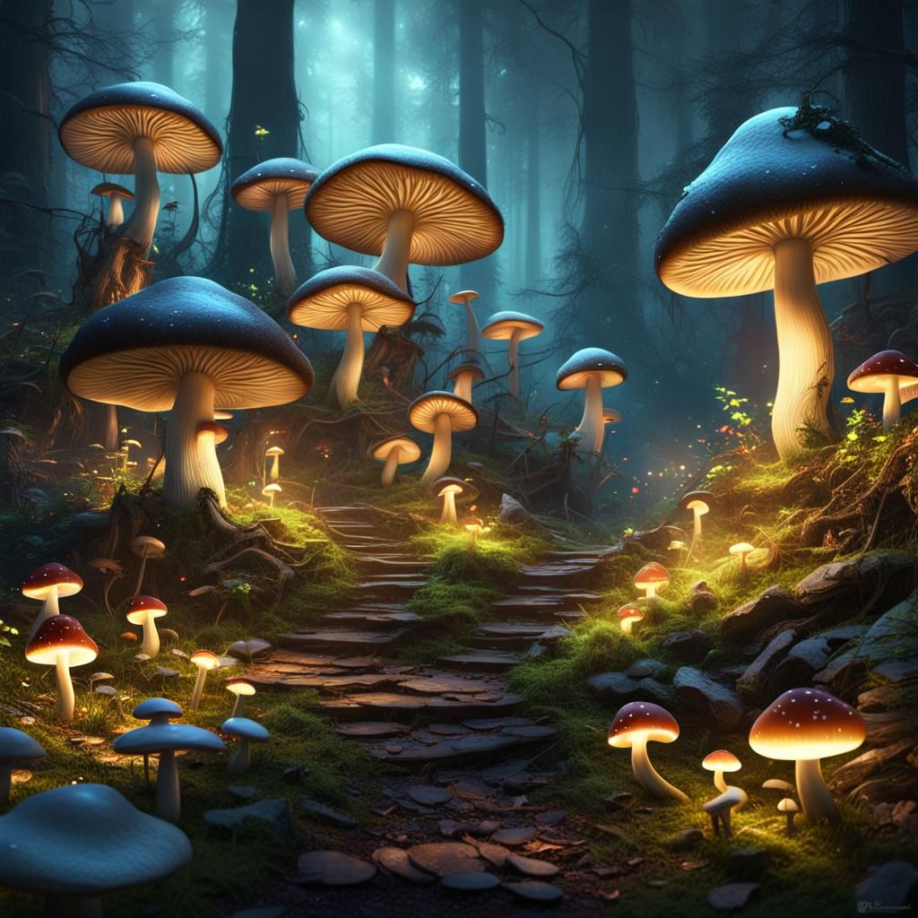 Enchanted Mushroom Village with Glowing Fireflies