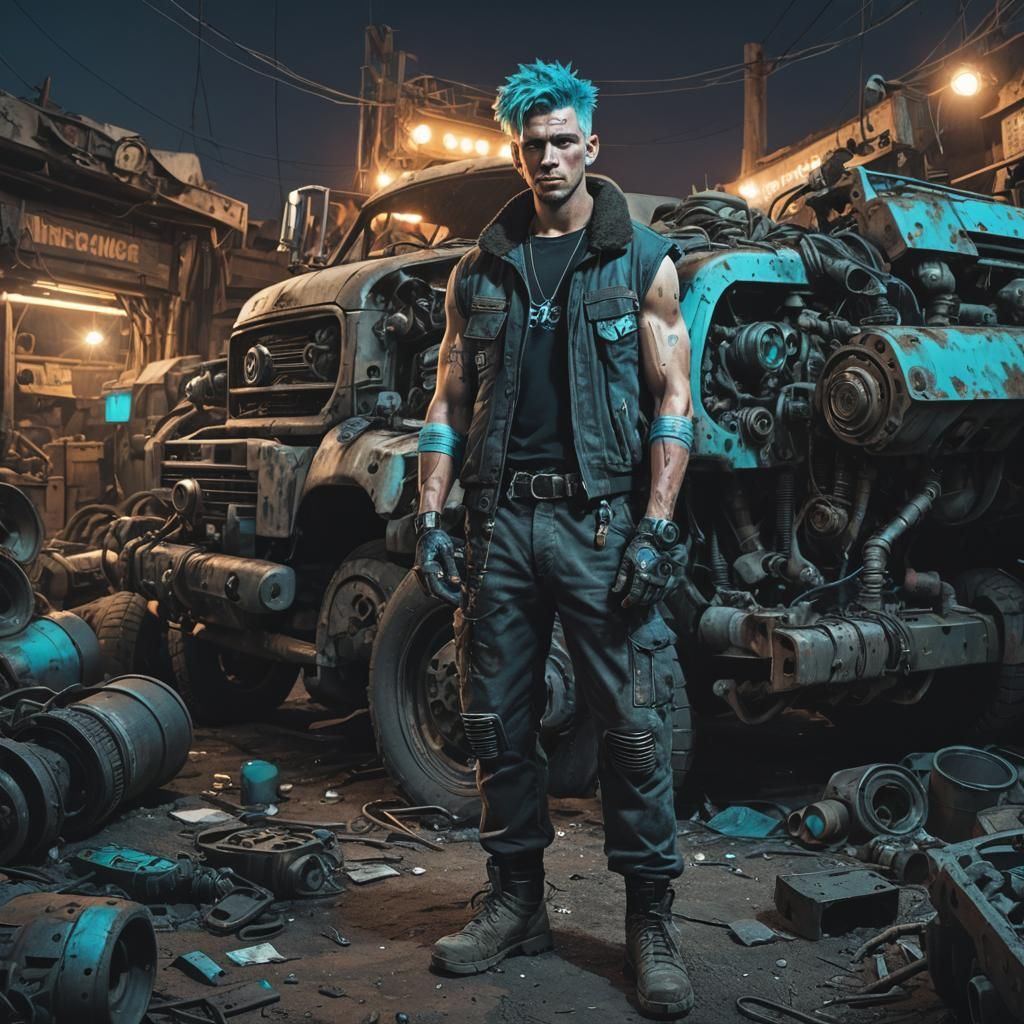 Cyberpunk Mechanic Tinkers in Junkyard: Digital Art