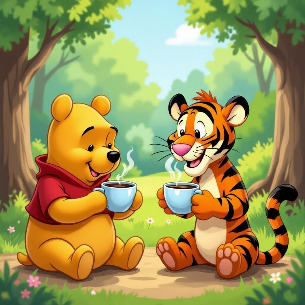 Winnie the Pooh and Tigger Enjoy Morning Coffee