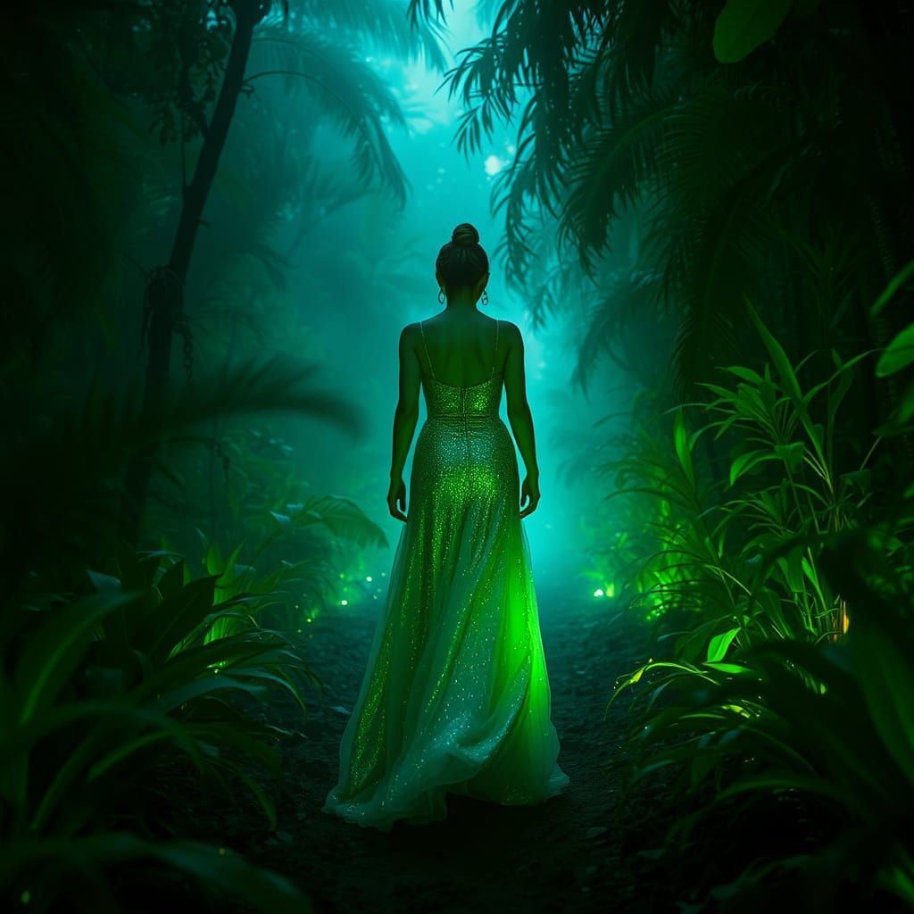 Emerald Gown in Bioluminescent Jungle, Dramatic Film Still