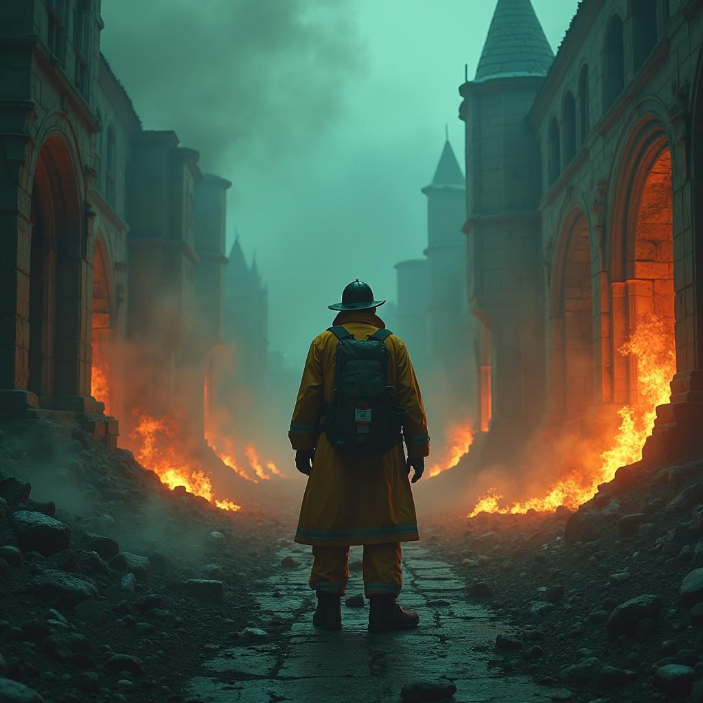 Heroic Fireman in Burning Cityscape