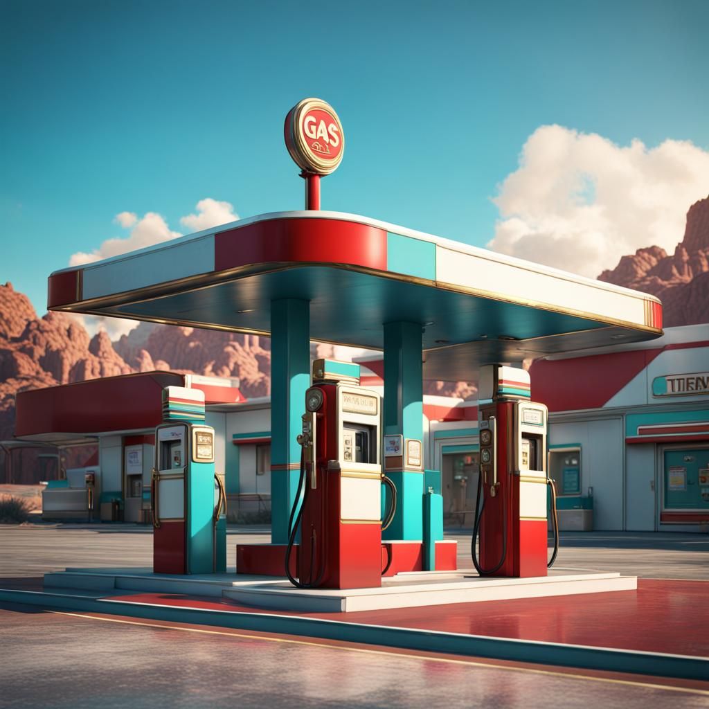 Art Deco Gas Station in Teal, Red, and Gold