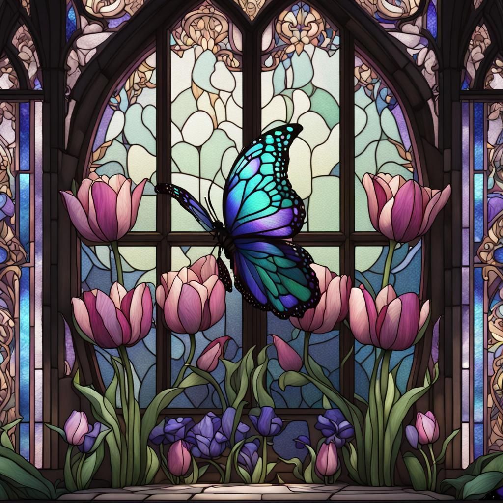 Butterfly and Tulip Stained Glass Art
