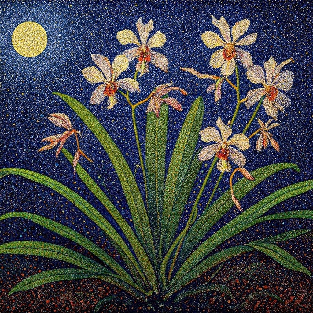 Moonlit Orchids in Pointillist Style