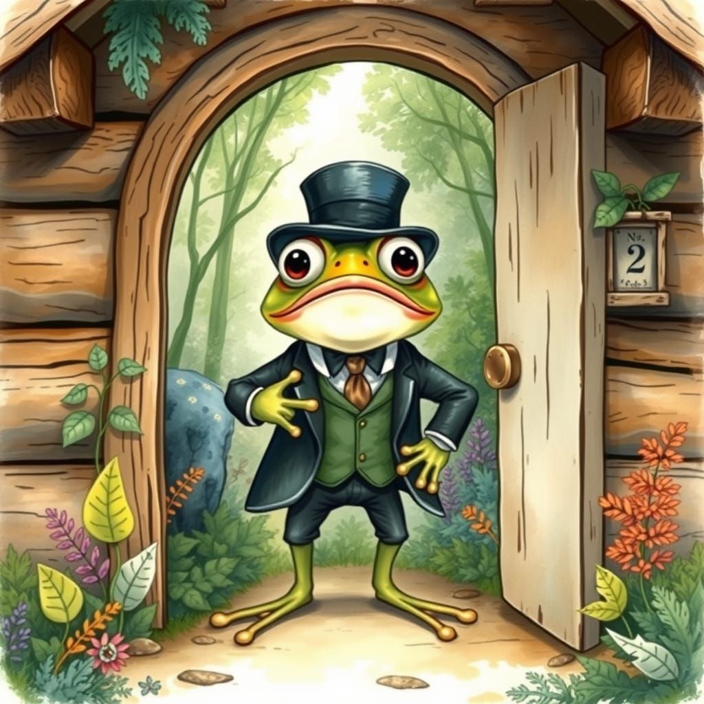 Astonished Frog in Suit at Cozy Log Home
