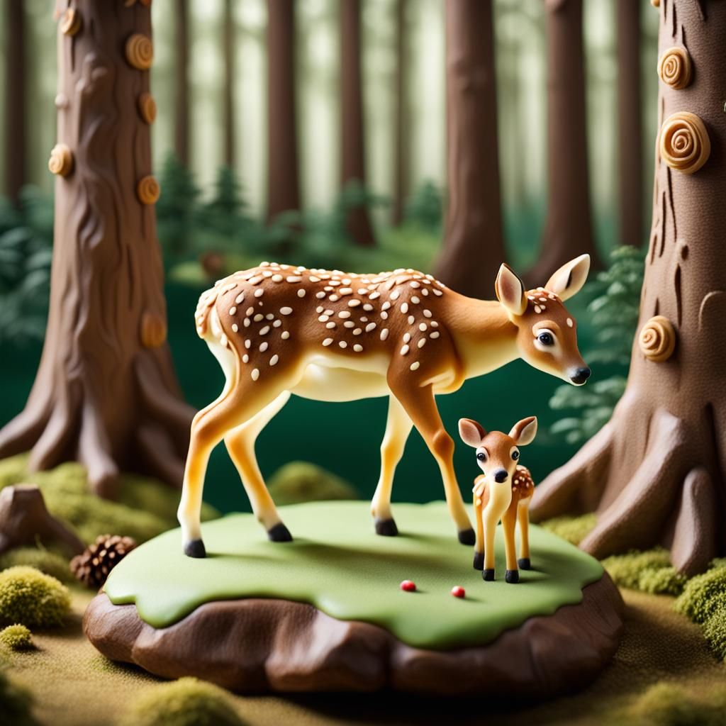 Marzipan Fawn Sculpture in Forest, 3D Rendered