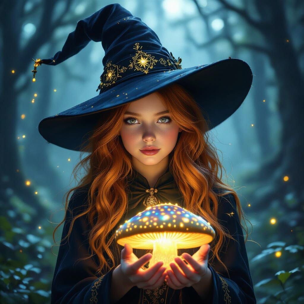 Ginger Witch in Enchanted Forest with Magic Mushroom