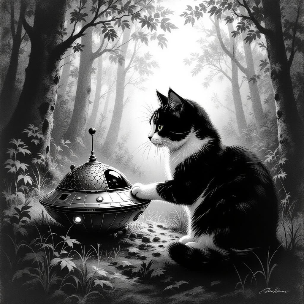 Cat Paws at Vintage-Style Acorn Spaceship in Black and White