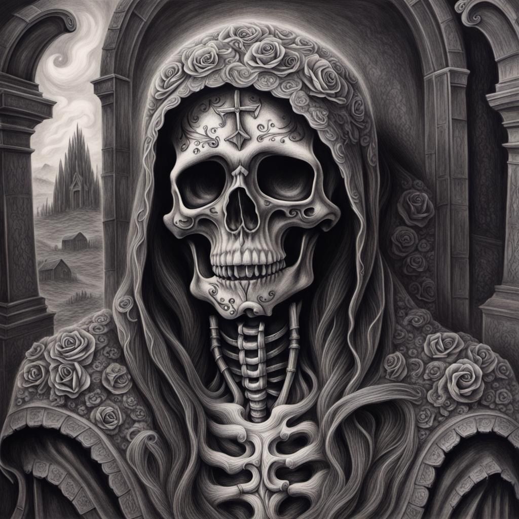 Graveyard Skull: Detailed Charcoal Drawing