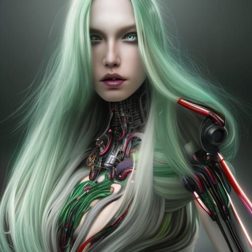 Intricate Biopunk Cyborg Princess with Silver Hair