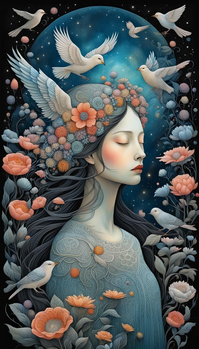 Celestial Women with Birds and Flowers in Magic Realism
