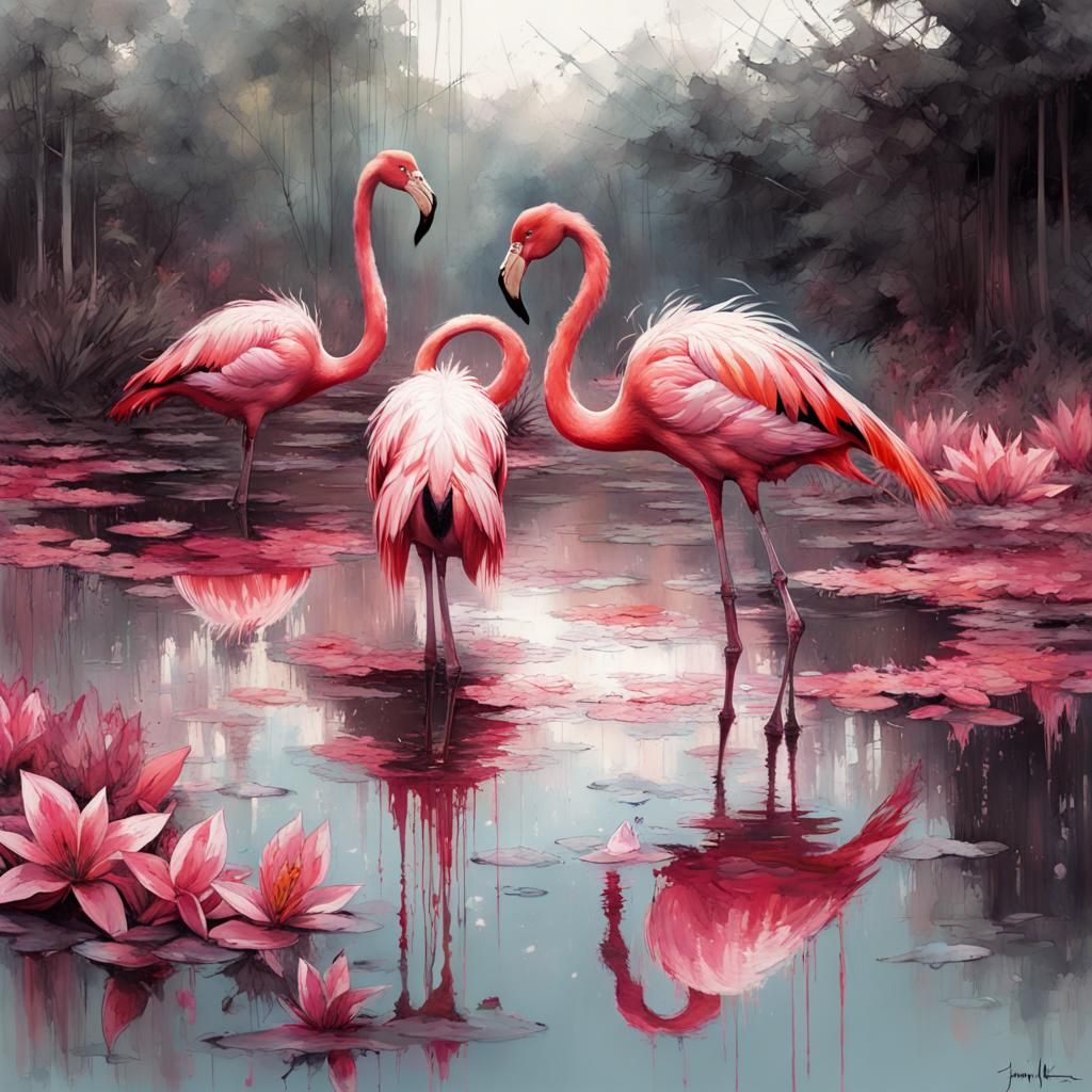 Flamingos in Pink Lily Pond: Speedpaint Style