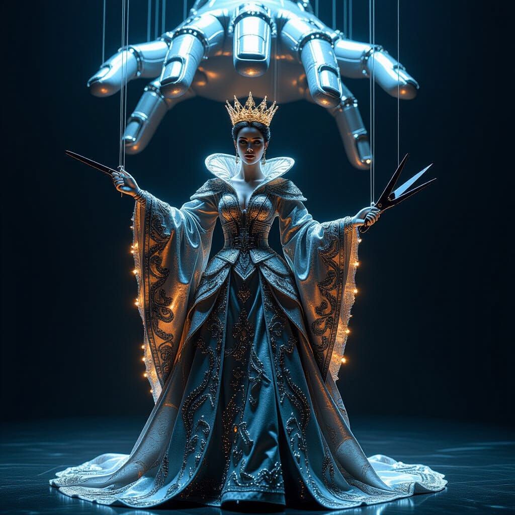 Marionette Queen with Hidden Scissors in Futuristic Style