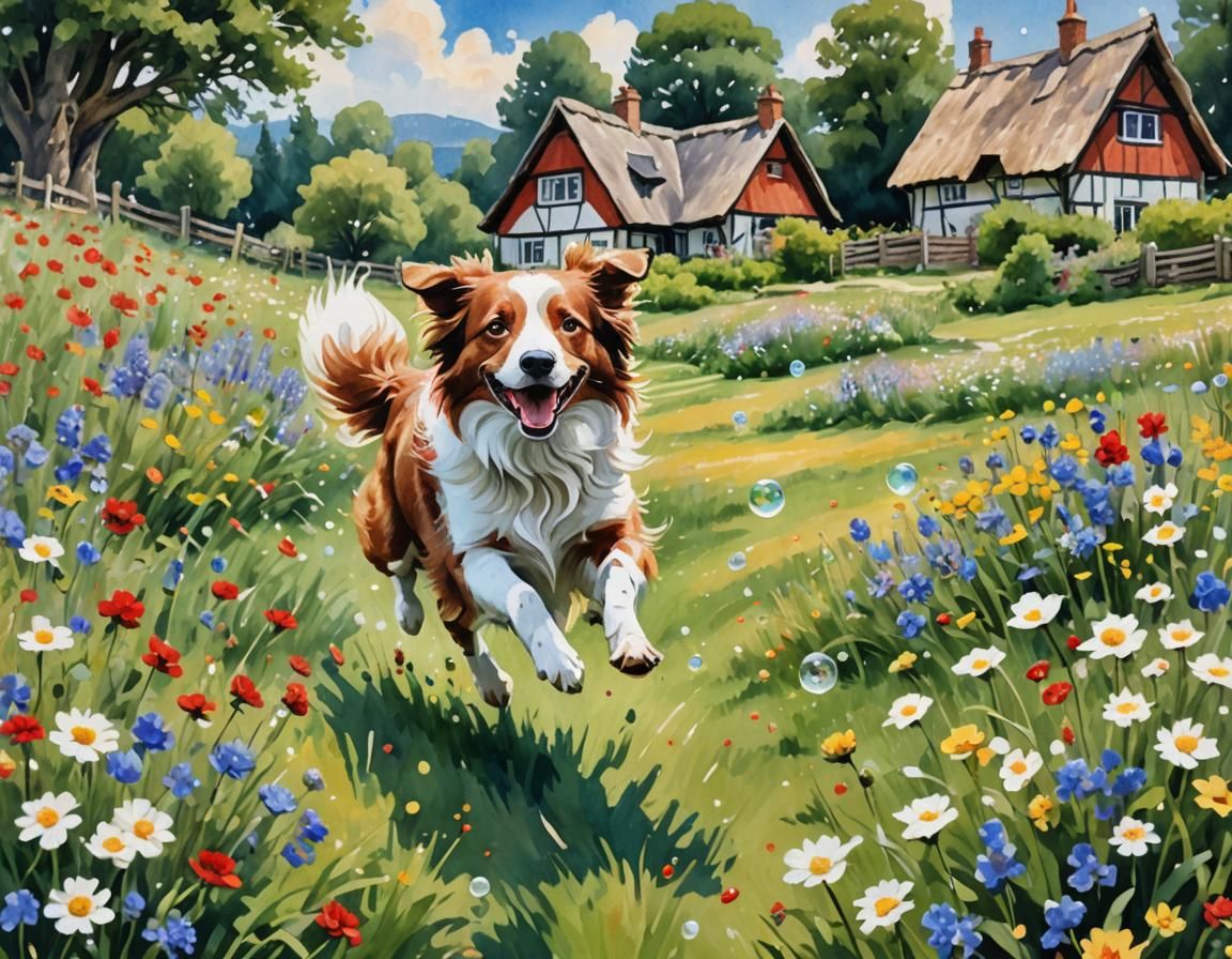 Border Collie Chasing Bubbles: Gouache Impressionism
