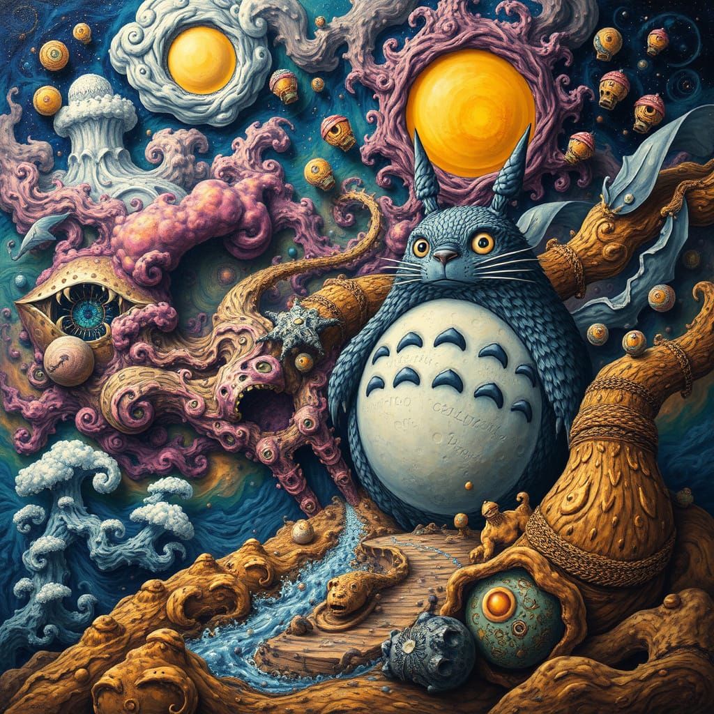 Surreal Totoro with Intricate Patterns in Mystical Landscape