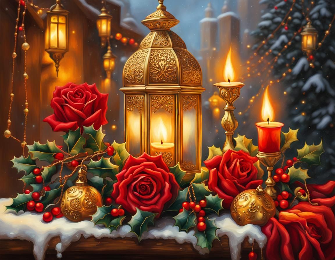 Christmas Card Roses and Lanterns in Oil Painting Style