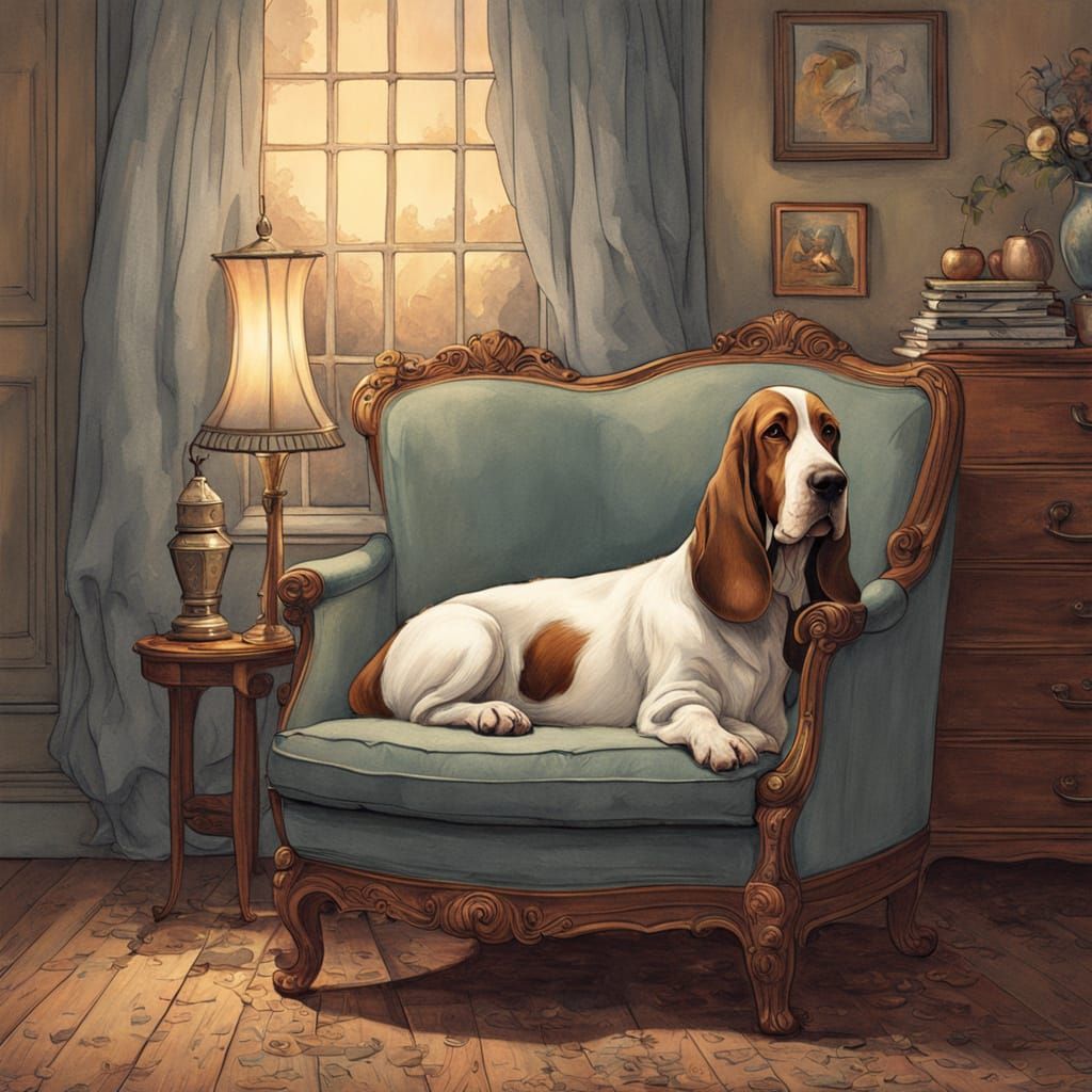 Dreamlike Basset Hound on Vintage Furniture