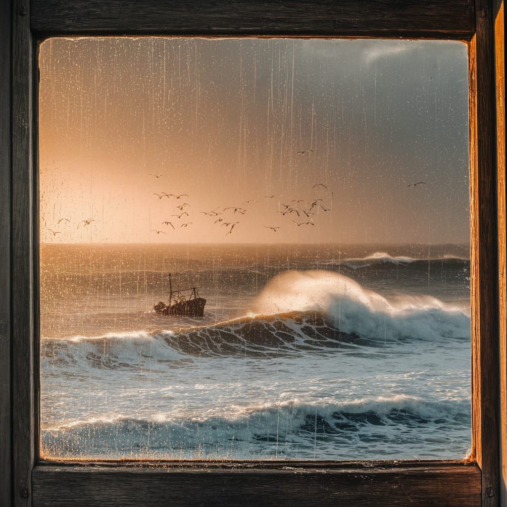 Misty Ocean View Through Aged Window: Ansel Adams Style