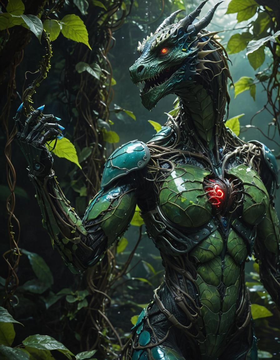 Cyberpunk Dragon-Humanoid with Bioluminescent Heart