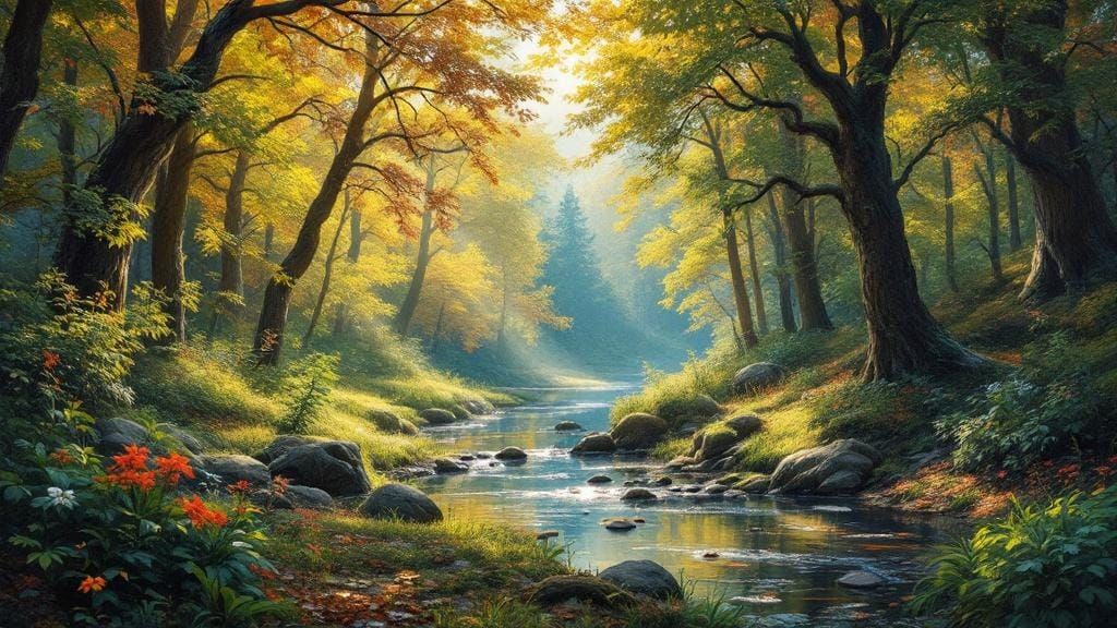 Sun-Drenched Forest Stream in Oil Painting Style