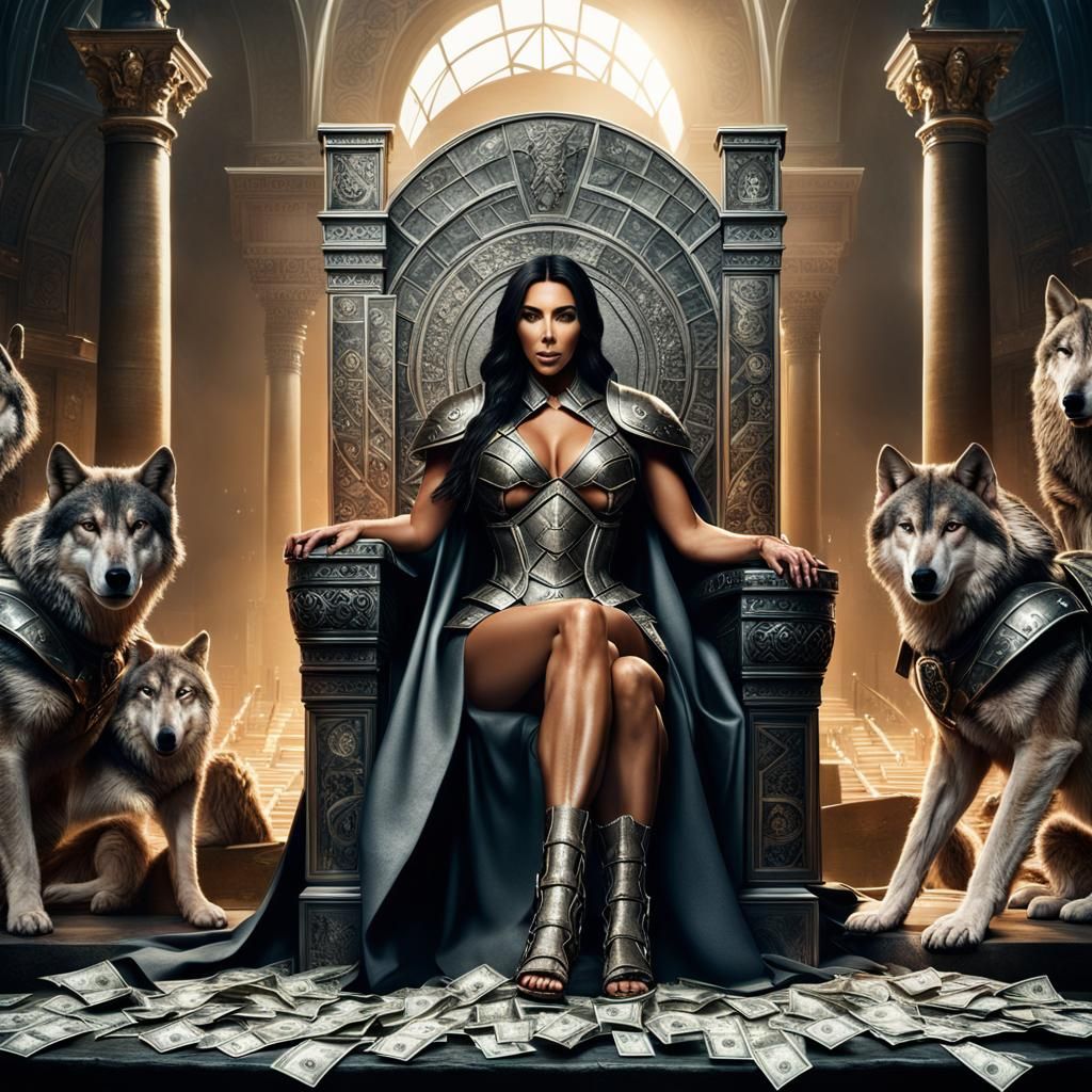 Gladiator Queen on Throne with Wolves