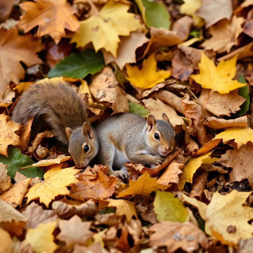 Squirrels Play in Colorful Autumn Leaves