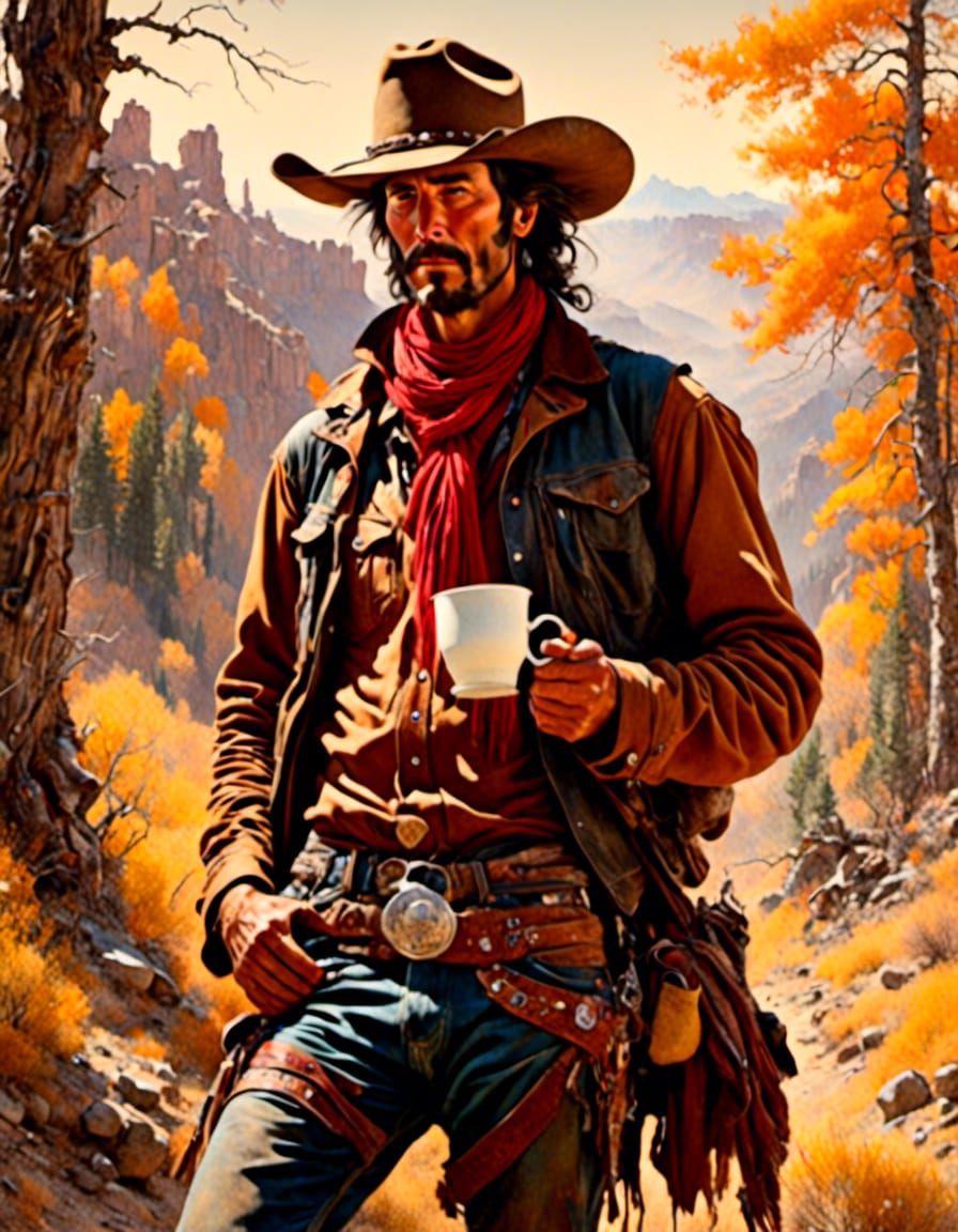 Cowboy Enjoying Coffee on Autumn Morning