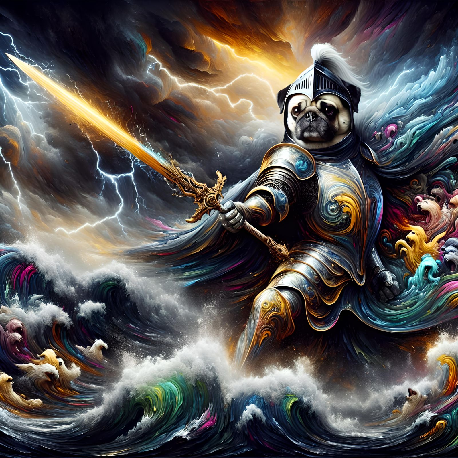 Armored Pug in Stormy Night: Art Nouveau