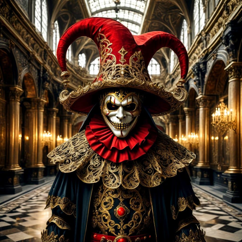 Sinister Jester in Ornate Hall, Gold Filigree Outfit